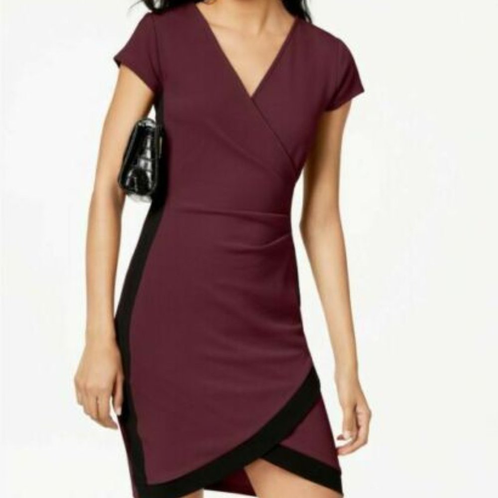 Almost Famous Red Black V-Neck Ruched Wrap Dress